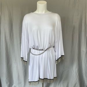 White T-Shirt Dress with Metal Chain Fringe